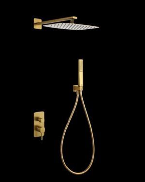 Conjunto de duche monocomando encastrado Toscana com acabamento ouro escovado.