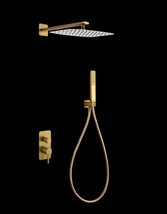 Conjunto de duche monocomando encastrado Toscana com acabamento ouro escovado.