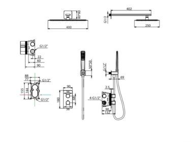 Desenho técnico e medidas do chuveiro de parede termostatico imex serie toscana.