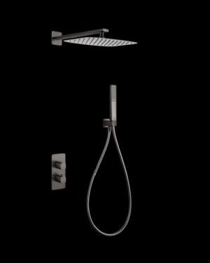 Texto Alternativo (Alt Text): chuveiro de parede termostatico imex serie toscana com acabamento black gun metal.