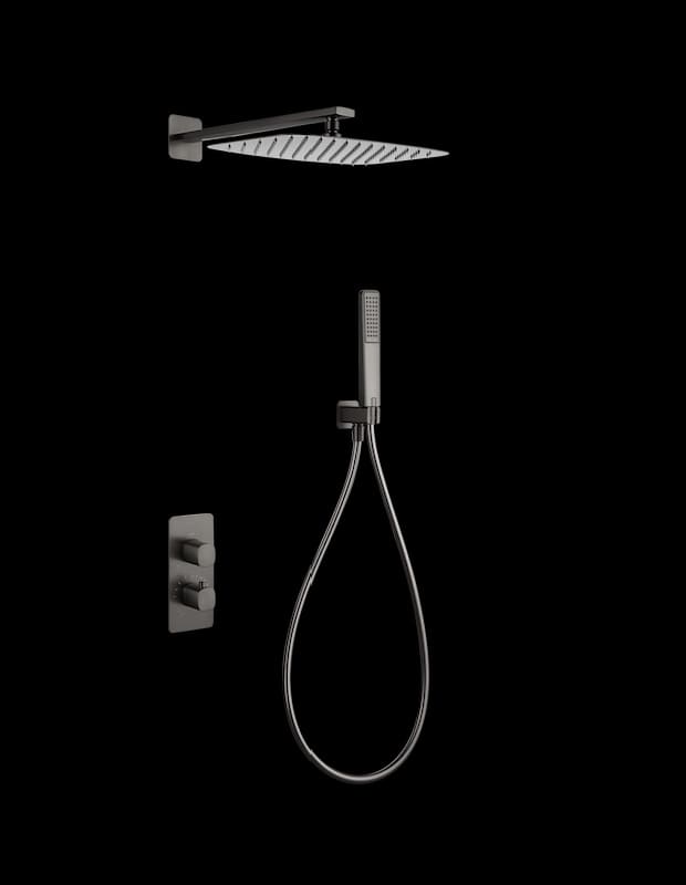 Texto Alternativo (Alt Text): chuveiro de parede termostatico imex serie toscana com acabamento black gun metal.