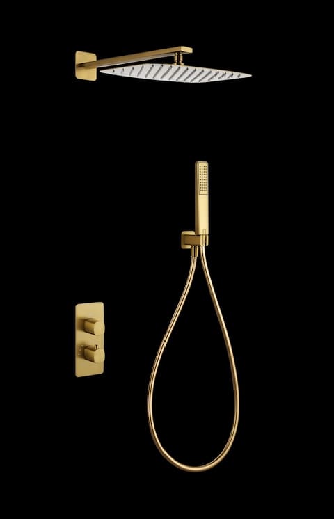 chuveiro de parede termostatico imex serie toscana com acabamento ouro escovado.